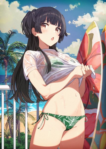 Anime picture 1908x2660 with idolmaster idolmaster shiny colors mayuzumi fuyuko joey koguma single long hair tall image looking at viewer blush fringe highres open mouth light erotic black hair standing brown eyes sky cloud (clouds) outdoors blunt bangs