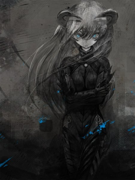 Anime picture 751x1000 with original toi (number8) single long hair tall image looking at viewer blue eyes blonde hair standing holding horn (horns) grey background girl bodysuit spikes