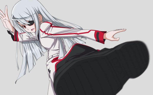 Anime picture 1920x1200 with infinite stratos 8bit laura bodewig amder single long hair highres open mouth simple background red eyes wide image grey hair grey background girl uniform school uniform boots eyepatch