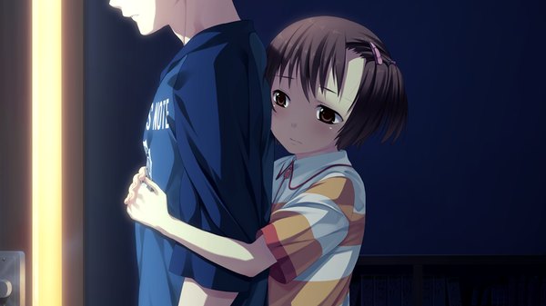 Anime picture 1024x576 with suigetsu 2 short hair brown hair wide image brown eyes game cg couple hug girl boy