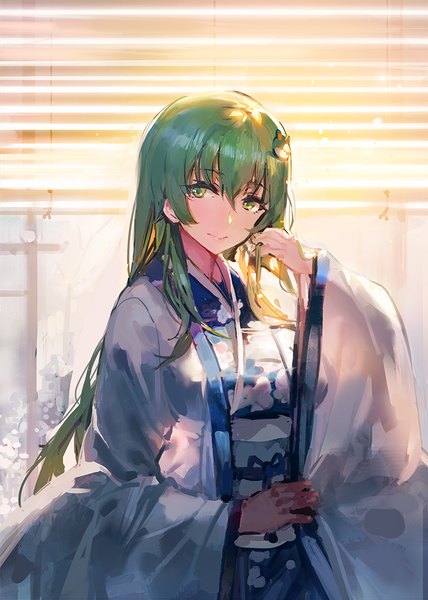Anime picture 735x1030 with touhou kochiya sanae kishiyo single long hair tall image looking at viewer fringe smile hair between eyes green eyes traditional clothes japanese clothes green hair sunlight wide sleeves alternate costume floral print adjusting hair expressionless