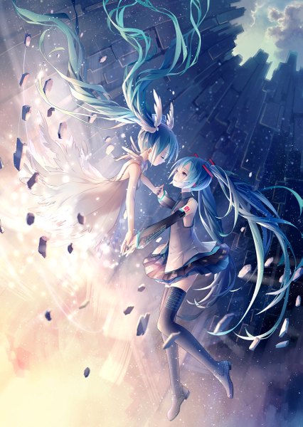 Anime picture 853x1200 with vocaloid hatsune miku ixima tall image purple eyes twintails multiple girls blue hair eyes closed very long hair nail polish fingernails tattoo zettai ryouiki head wings dual persona weightlessness broken girl dress