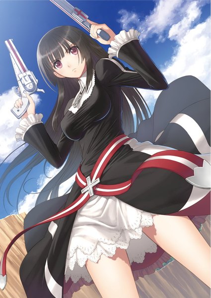 Anime picture 1288x1817 with shining (series) shining ark kilmaria aideen tony taka single long hair tall image black hair red eyes looking away sky cloud (clouds) official art girl dress weapon gun