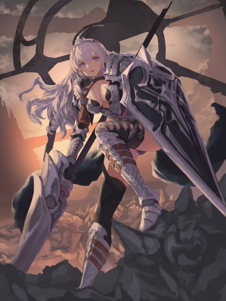 Anime picture 600x800 with original jname single long hair tall image looking at viewer fringe breasts blue eyes light erotic hair between eyes large breasts holding silver hair bent knee (knees) floating hair girl armor armored dress shield