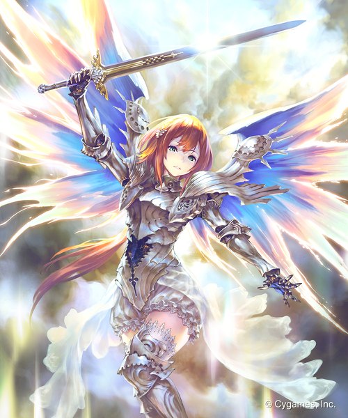 Anime picture 1000x1200 with shingeki no bahamut original hisakata souji single long hair tall image looking at viewer fringe blue eyes hair between eyes payot ponytail red hair parted lips lens flare watermark girl hair ornament weapon sword