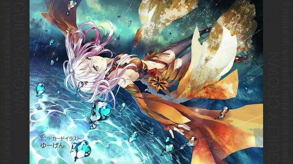 Anime picture 1280x720 with guilty crown production i.g yuzuriha inori yuugen single long hair open mouth wide image pink hair pink eyes looking up rain falling end card girl thighhighs black thighhighs water bubble (bubbles)