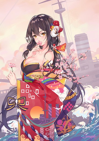 Anime-Bild 942x1333 mit azur lane mikasa (azur lane) criin single tall image looking at viewer blush fringe breasts light erotic black hair hair between eyes standing bare shoulders holding signed yellow eyes sky cleavage cloud (clouds)