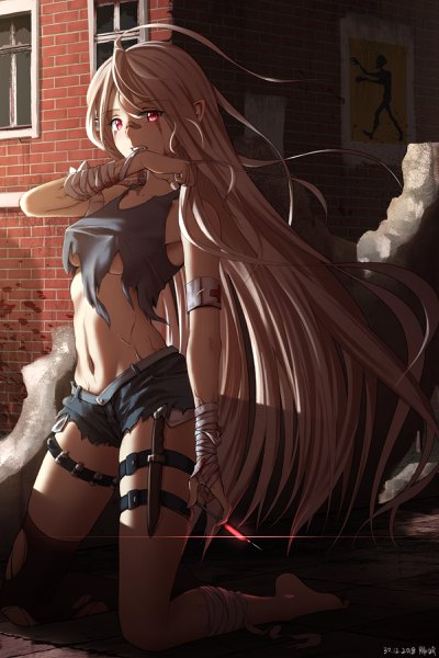 Anime picture 1600x2400 with original geduan single long hair tall image looking at viewer breasts light erotic red eyes bare shoulders holding signed silver hair full body ahoge bent knee (knees) barefoot wind pointy ears sunlight