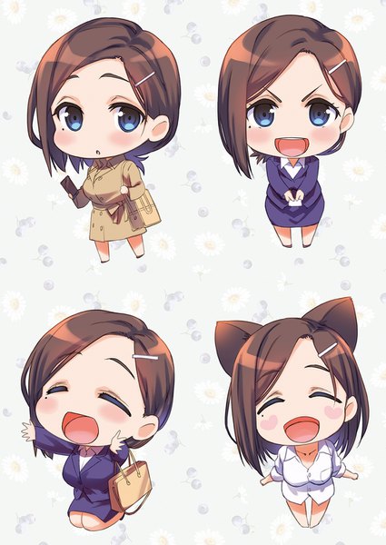 Anime picture 1062x1500 with getsuyoubi no tawawa pine jam kouhai-chan (tawawa) nanase meruchi tall image looking at viewer blush short hair open mouth blue eyes simple background brown hair standing white background multiple girls animal ears full body eyes closed :d mole