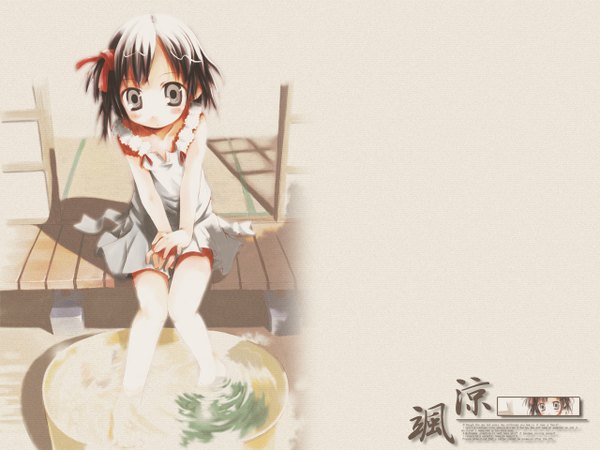 Anime picture 1280x960 with saxyun single looking at viewer blush short hair black hair sitting outdoors grey eyes one side up text english third-party edit soaking feet knees together feet apart extended 2003 girl dress ribbon (ribbons)