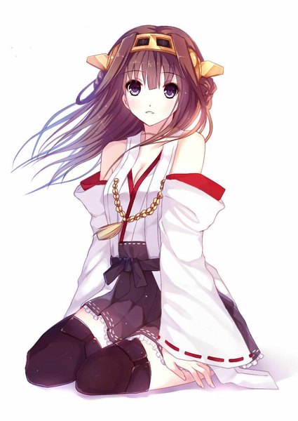 Anime picture 717x1011 with kantai collection kongou battleship bai kongque (shirokujaku) single long hair tall image looking at viewer fringe breasts brown hair sitting purple eyes cleavage wind legs nontraditional miko girl hair ornament detached sleeves