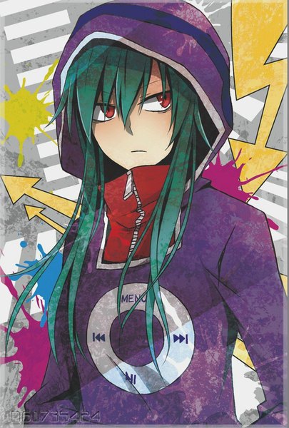 Anime picture 692x1024 with kagerou project shaft (studio) kido tsubomi ajisai single long hair tall image fringe red eyes looking away green hair serious jpeg artifacts girl hood