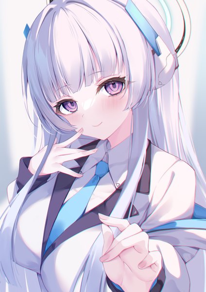 Anime picture 2894x4093 with blue archive noa (blue archive) gou 213 single long hair tall image looking at viewer blush fringe highres smile purple eyes silver hair upper body girl necktie halo