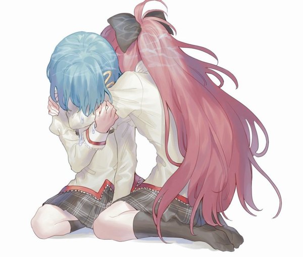 Anime picture 966x821 with mahou shoujo madoka magica shaft (studio) sakura kyouko miki sayaka misha (hoongju) long hair short hair simple background white background sitting multiple girls blue hair full body bent knee (knees) ponytail red hair no shoes hug tears plaid skirt