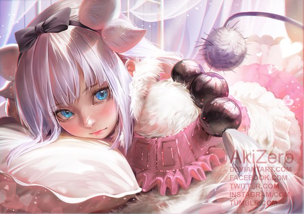 Anime picture 1415x1000 with kobayashi-san chi no maidragon kyoto animation kanna kamui zero1510 single long hair looking at viewer fringe blue eyes signed payot silver hair upper body lying horn (horns) realistic fur trim lipstick side ponytail watermark