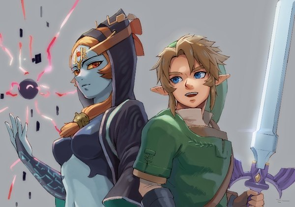 Anime picture 819x574 with the legend of zelda the legend of zelda: twilight princess nintendo link midna midna (true) saburou (jako) short hair open mouth blue eyes simple background blonde hair red eyes looking away upper body :d pointy ears grey background magic grey skin