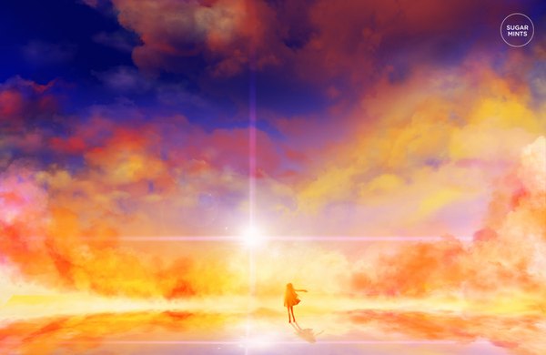 Anime picture 900x585 with original sugarmints single standing sky cloud (clouds) from behind sunlight orange hair shadow evening sunset sunbeam girl sun
