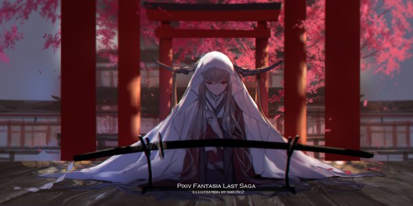 Anime picture 2126x1063 with original pixiv fantasia pixiv fantasia last saga swd3e2 single fringe highres hair between eyes red eyes brown hair wide image sitting signed sky full body outdoors very long hair traditional clothes japanese clothes horn (horns)