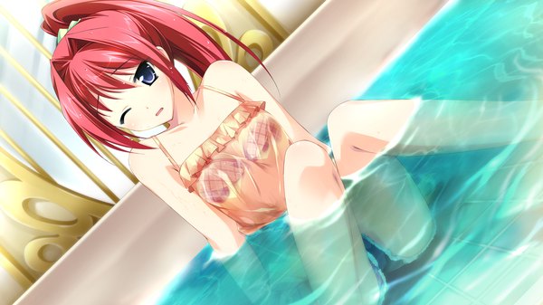 Anime picture 2560x1440 with otome ga tsumugu koi no canvas ootori rena kimishima ao single long hair highres open mouth blue eyes light erotic wide image game cg ponytail red hair one eye closed wink girl water