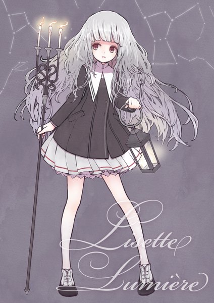 Anime picture 992x1403 with original pixiv fantasia pixiv fantasia fallen kings aoyagi neko single long hair tall image fringe simple background brown eyes looking away silver hair grey background character names constellation girl lantern candle (candles)