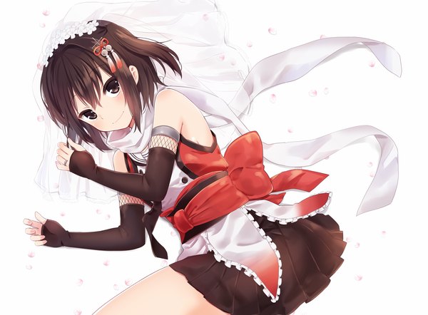 Anime picture 1275x940 with kantai collection sendai light cruiser ica single looking at viewer blush fringe short hair black hair simple background smile white background bare shoulders brown eyes hair flower from above two side up no shoes girl skirt