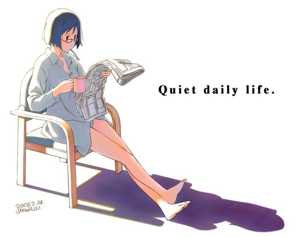 Anime picture 1000x806 with original shiwasu takashi short hair simple background white background sitting signed blue hair barefoot inscription shadow naked shirt reading girl glasses chair mug newspaper