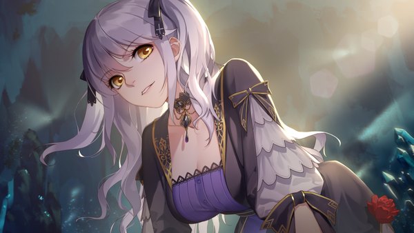 Anime picture 3550x2000 with romantic saga of beauty & devil daye bie qia lian single long hair looking at viewer fringe highres hair between eyes wide image twintails yellow eyes payot silver hair parted lips light smile sunlight from below depth of field floating hair lens flare