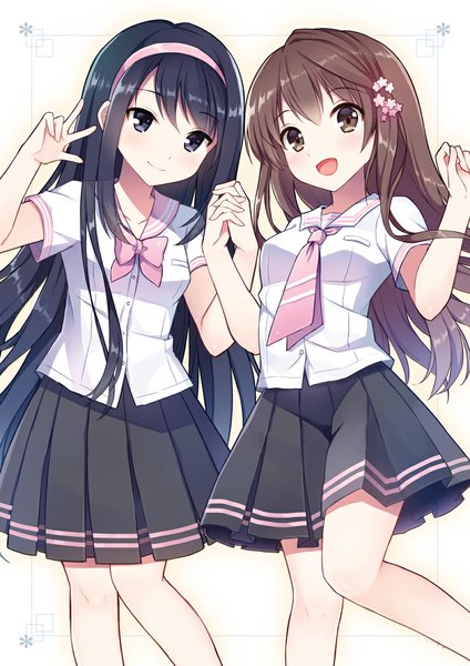 Anime picture 820x1160 with original mauve long hair tall image looking at viewer fringe open mouth black hair smile brown hair white background multiple girls brown eyes bent knee (knees) :d pleated skirt black eyes holding hands victory framed