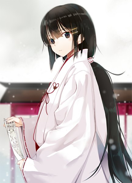 Anime picture 700x970 with original machimura komori single long hair tall image looking at viewer blush fringe black hair traditional clothes japanese clothes black eyes blurry depth of field snowing winter low ponytail miko girl hair ornament
