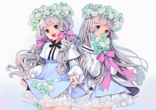 Anime-Bild 1240x877 mit original chkuyomi long hair looking at viewer blush fringe open mouth simple background smile standing multiple girls holding signed aqua eyes wavy hair girl dress flower (flowers) ribbon (ribbons) bow