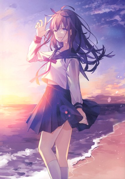 Anime picture 2796x4015 with original oshio (dayo) single long hair tall image looking at viewer blush fringe highres open mouth standing purple eyes sky purple hair cloud (clouds) ahoge bent knee (knees) outdoors long sleeves :d