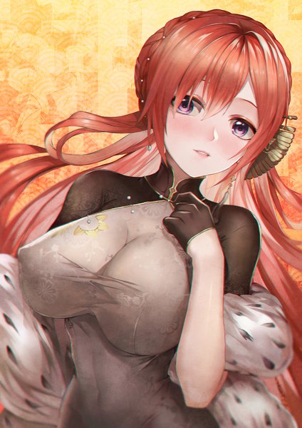 Anime picture 1273x1800 with azur lane monarch (azur lane) monarch (black qipao) (azur lane) ryuu32 single long hair tall image looking at viewer blush fringe breasts light erotic simple background hair between eyes large breasts purple eyes payot nipples upper body red hair