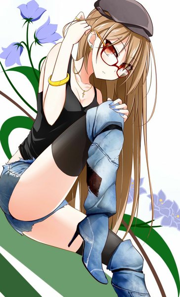 Anime picture 621x1024 with original lindoh flores red-eyes macadamiachoco single long hair tall image looking at viewer red eyes brown hair sitting girl thighhighs flower (flowers) black thighhighs glasses shorts boots bracelet flat cap