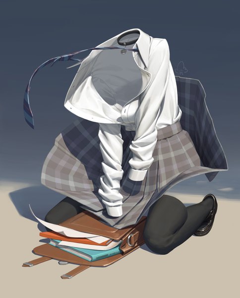 Anime picture 2480x3076 with original chen zhang tall image highres wind shadow open shirt plaid skirt thighhighs skirt black thighhighs shirt choker necktie shoes white shirt book (books) paper loafers clothes