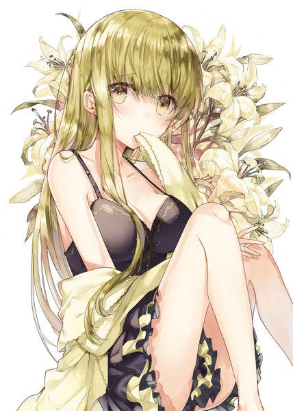 Anime picture 700x980 with shiro seijo to kuro bokushi original cecilia (shiro seijo to kuro bokushi) teigi single long hair tall image looking at viewer blush fringe breasts light erotic hair between eyes sitting bare shoulders green eyes payot cleavage green hair bare legs