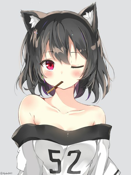 Anime picture 712x950 with original myuton single tall image looking at viewer blush fringe short hair breasts black hair simple background hair between eyes red eyes bare shoulders holding signed animal ears upper body one eye closed wink