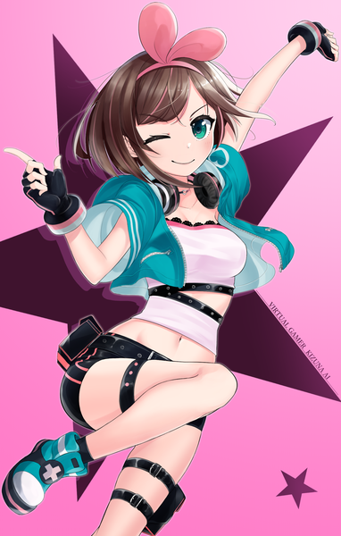 Anime picture 1527x2397 with virtual youtuber a.i. channel kizuna ai kizuna ai (a.i. games) tororuto single tall image looking at viewer blush fringe short hair breasts simple background smile brown hair standing multicolored hair arm up aqua eyes open jacket