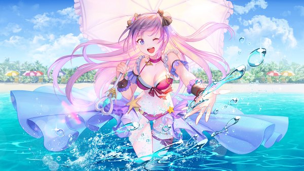 Anime picture 7000x3938 with teria saga leti (teria saga) mt (ringofive) long hair blush fringe highres breasts open mouth blue eyes light erotic wide image absurdres sky purple hair cloud (clouds) outdoors one eye closed wink hair bun (hair buns)