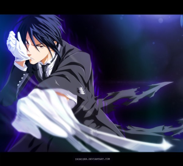 Anime picture 1600x1449 with kuroshitsuji a-1 pictures sebastian michaelis ironizer single short hair red eyes holding blue hair blurry coloring mouth hold torn clothes letterboxed glove biting boy gloves necktie white gloves suit