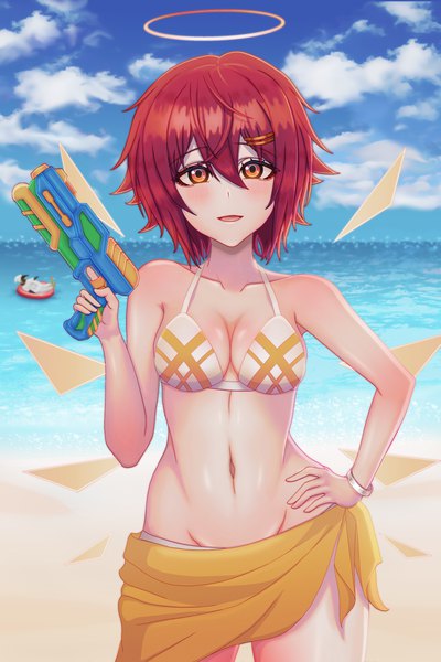 Anime picture 3000x4500 with arknights exusiai (arknights) absurd fox single tall image looking at viewer fringe highres short hair breasts open mouth light erotic smile standing holding sky cleavage cloud (clouds) outdoors red hair