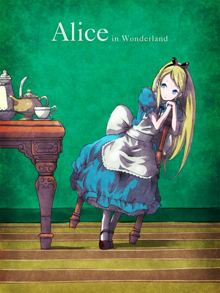 Anime picture 900x1200 with alice in wonderland alice (alice in wonderland) satyuas single long hair tall image blue eyes blonde hair sitting looking away full body puffy sleeves copyright name girl bow hair bow apron cup teapot