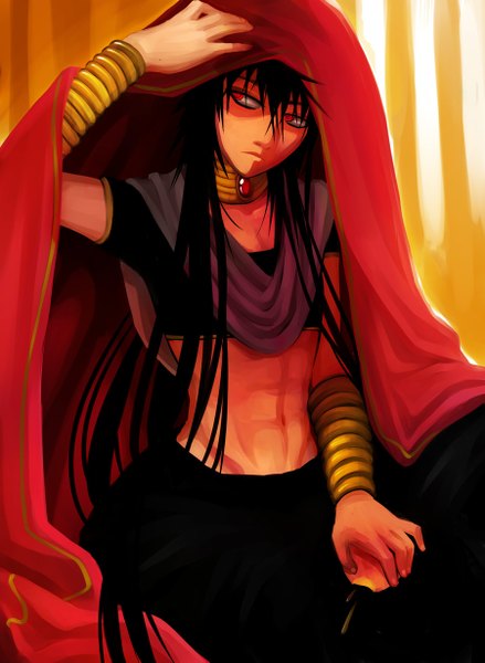 Anime picture 900x1231 with magi the labyrinth of magic a-1 pictures judal single long hair tall image fringe black hair red eyes looking away midriff groin muscle boy navel bracelet scarf