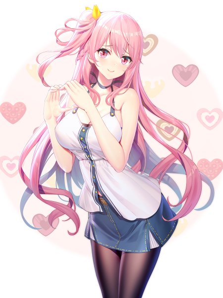 Anime picture 900x1200 with original emily stock ririko (zhuoyandesailaer) single long hair tall image looking at viewer blush fringe breasts simple background smile hair between eyes standing bare shoulders holding pink hair cleavage braid (braids) pink eyes