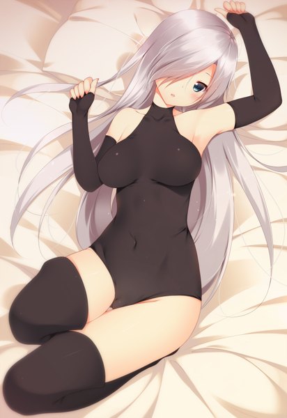 Anime picture 1100x1600 with nanatsu no taizai a-1 pictures elizabeth liones shokuyou mogura single long hair tall image looking at viewer blush fringe breasts blue eyes light erotic white hair hair over one eye armpit (armpits) covered navel girl thighhighs black thighhighs