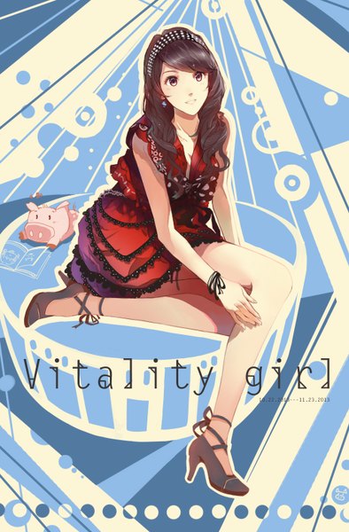Anime picture 1018x1550 with original mconch single long hair tall image smile brown hair sitting bare shoulders brown eyes looking away inscription sparkle legs dated girl dress earrings animal shoes