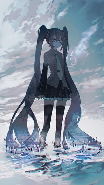 Anime picture 2160x3840 with vocaloid hatsune miku manuga430 single tall image fringe highres hair between eyes twintails looking away sky cloud (clouds) very long hair pleated skirt partially submerged dark hair girl thighhighs skirt black thighhighs