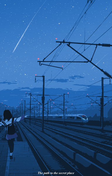 Anime picture 701x1100 with original atianshi single long hair tall image black hair from behind night night sky text spread arms walking shooting star girl skirt star (stars) backpack train train station railroad tracks