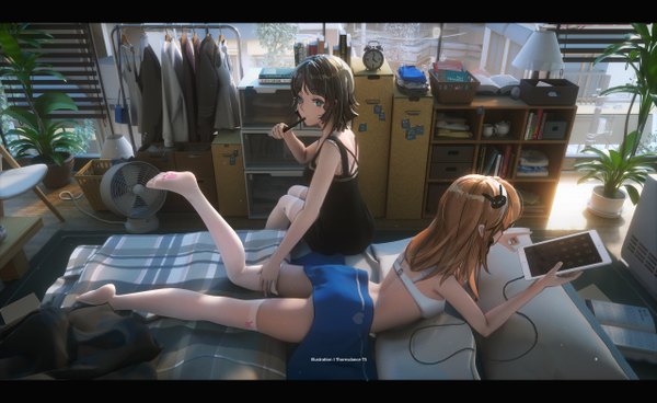 Anime picture 2560x1572 with original ibara dance long hair looking at viewer blush fringe highres short hair light erotic black hair brown hair wide image sitting bare shoulders multiple girls holding full body bent knee (knees) indoors lying