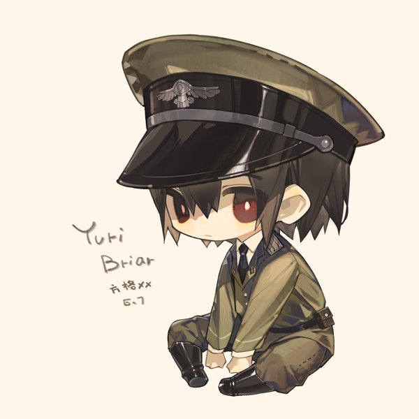Anime picture 1785x1785 with spy x family yuri briar fangge xx single looking at viewer fringe highres short hair black hair simple background hair between eyes red eyes sitting full body character names chibi boy uniform military uniform peaked cap