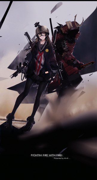 Anime picture 1100x2030 with original mivit long hair tall image looking at viewer fringe black hair standing holding yellow eyes outdoors pleated skirt open jacket letterboxed smoke fighting stance dust samurai girl skirt